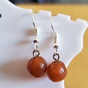 Silver Tone Hook Caramel Bead Dangle Earrings